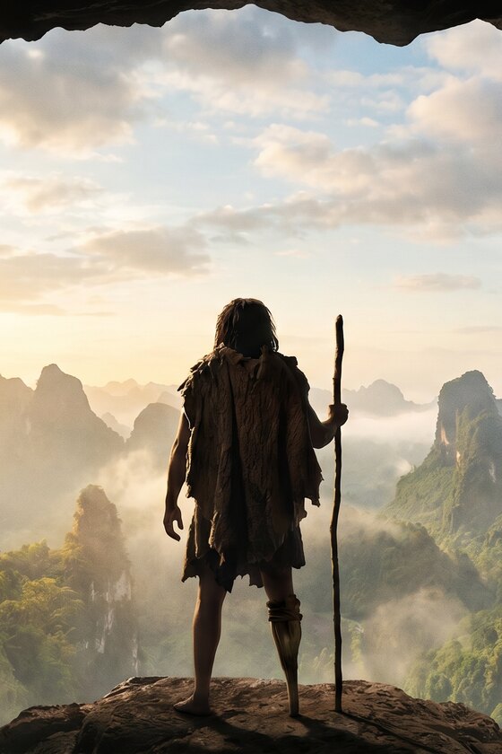 A lone figure at the mouth of a Borneo cave, looking out over limestone karst at dawn